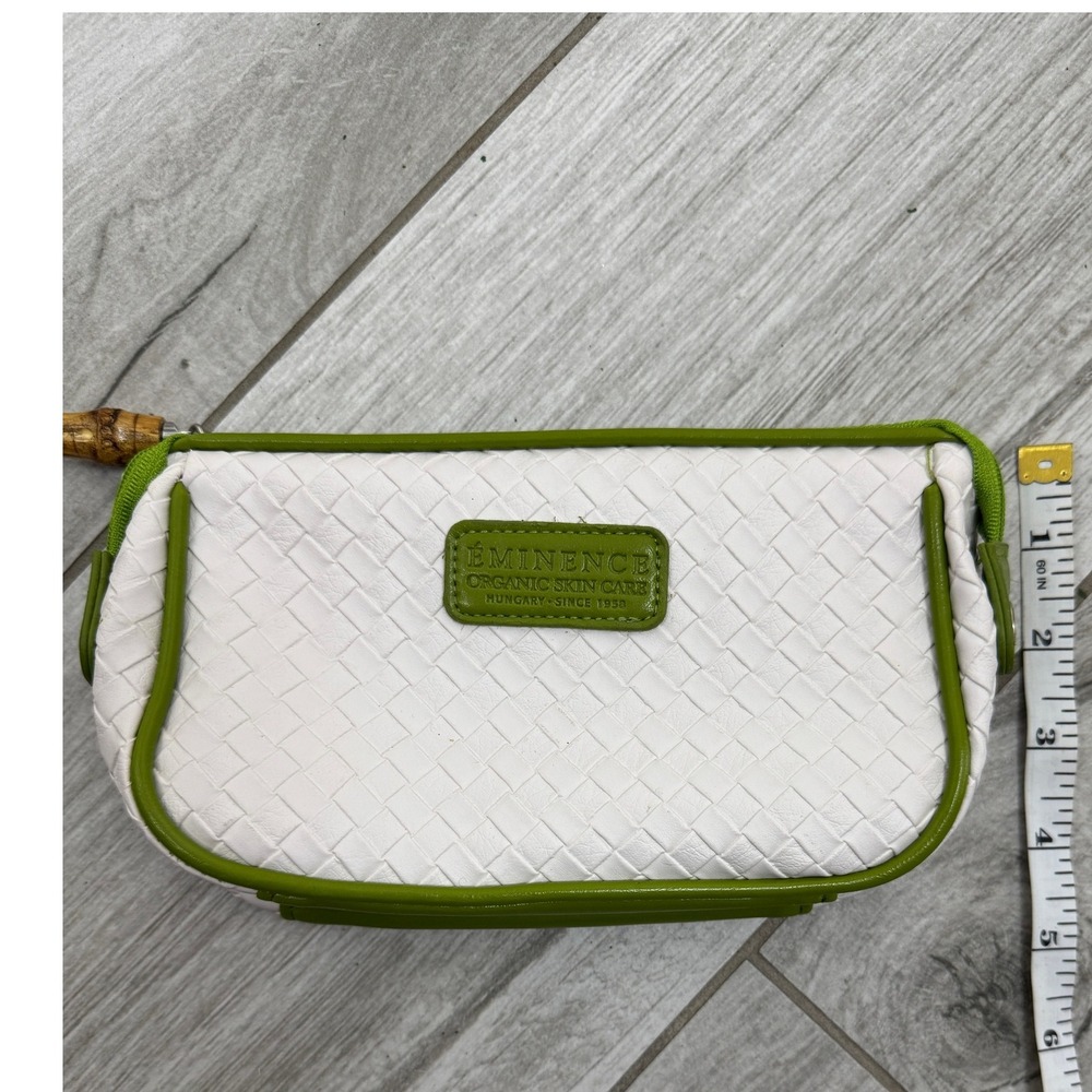 Eminence Organic Skin Care White Woven Cosmetic Bag Green Trim Bamboo